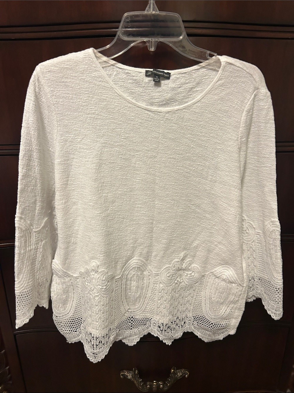 Adrianna Papell White Crochet-Hem 3/4 Sleeve Tunic